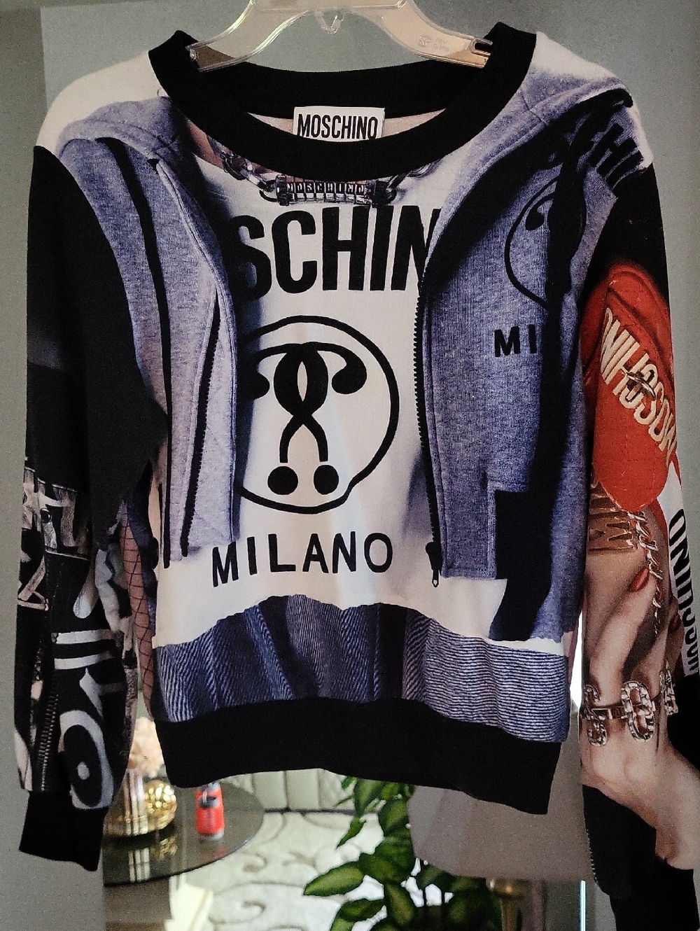 Moschino Black, White & Gray Graphic Crewneck Sweatshirt